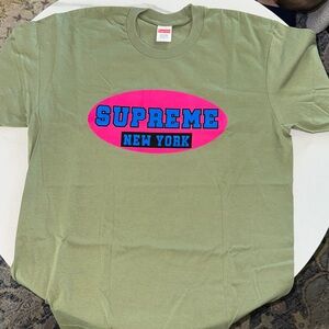 Supreme Olive Tee with Pink and Blue Logo